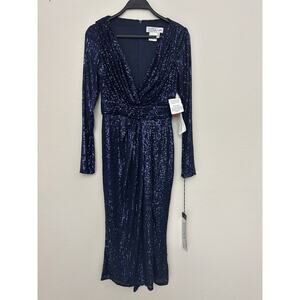New IEENA Mac Duggal Navy Blue Long Sleeve V-Neck Sequin Dress 26555 Size 0